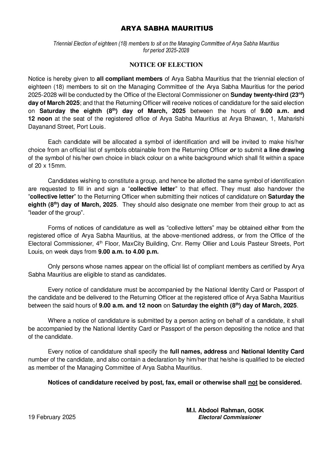 Notice of Election – Managing Committee of Arya Sabha Mauritius for period 2025-2028